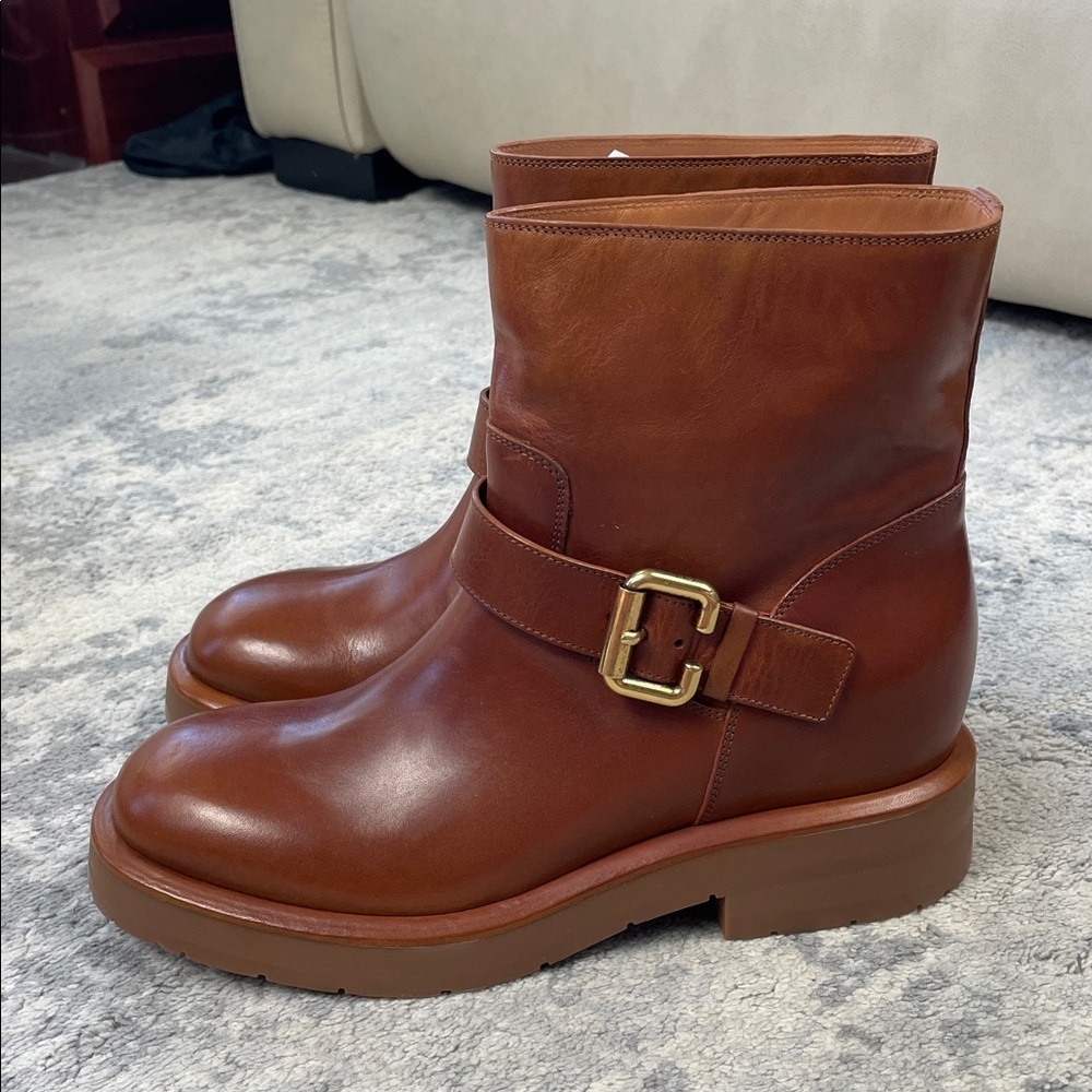 NIB Chloe Coddington Biker Ankle Boots C Buckle Ginger Brown Designer Sz 39.5 - Picture 5 of 15